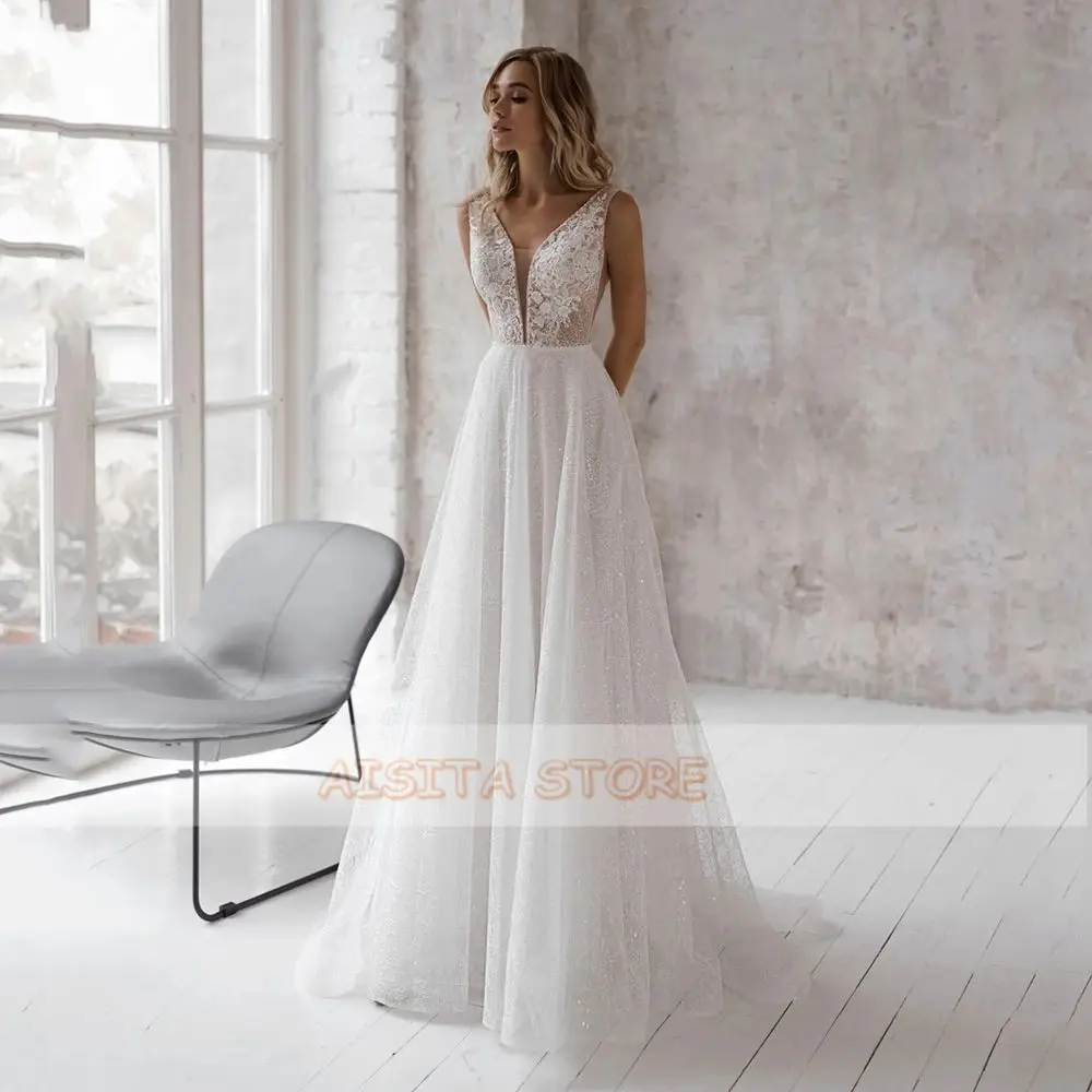 Glitter Weddding Dresses 2021 V Neck Lace Appliques Sleeveless Backless Sweep Train A-Line Beach Bridal Gowns Vestido De Novia