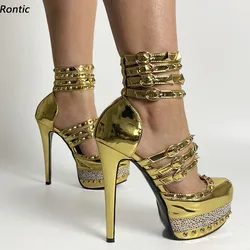 Rontic Handmade Women Platform Sandals Patent Studded Stiletto Heels Peep Toe Super Sexy Gold Silver Night Club Shoes Size 34-44