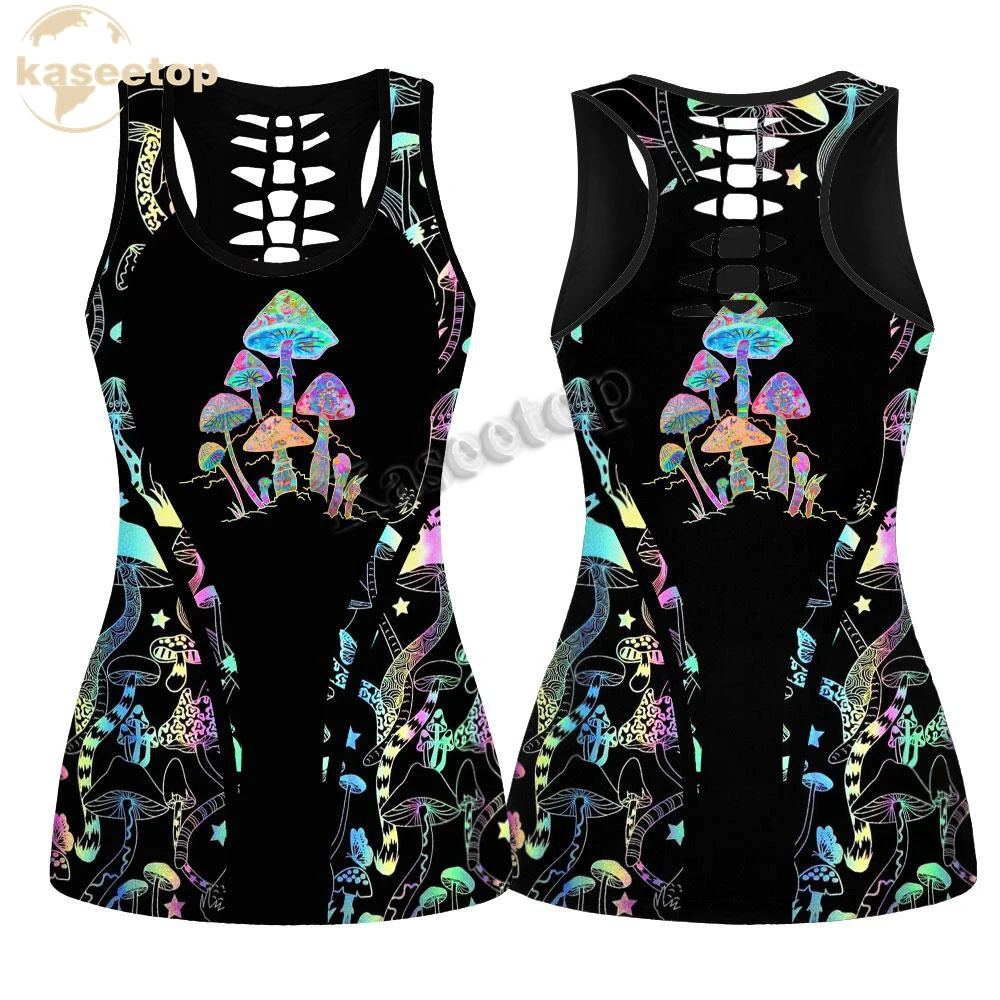 Kaseetop Mushroom Reflective Two Piece Yoga Set Women 3D Print Vest Hollow Out Hollow Tank & Legging Outfit Summer Casual LK57