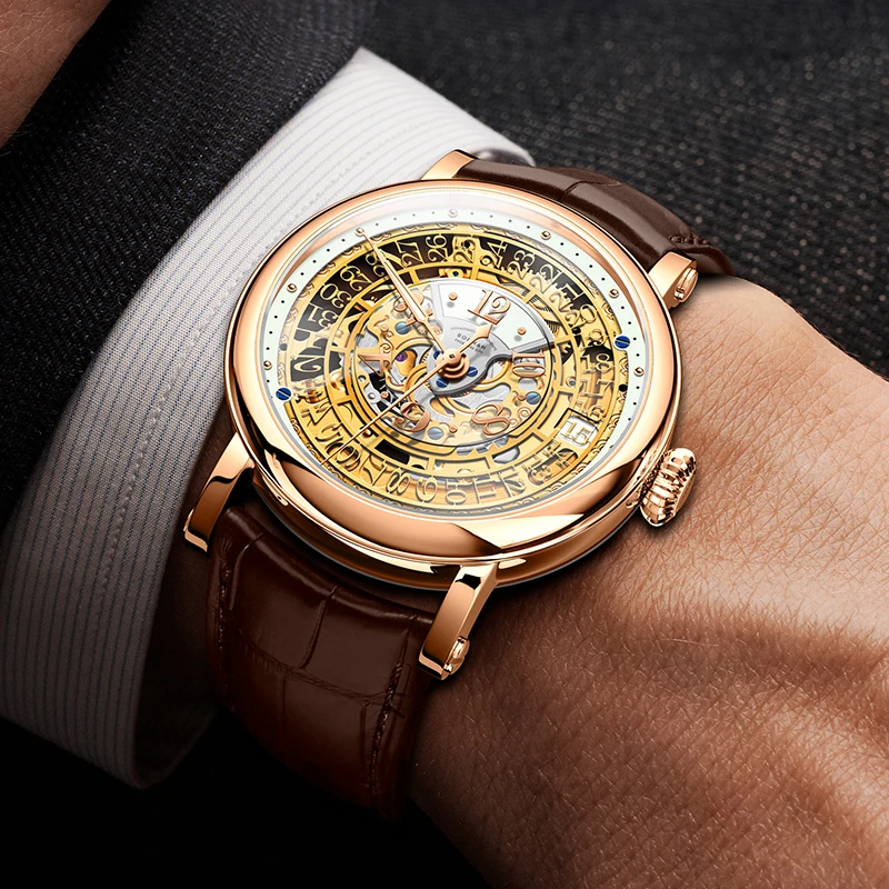 BORMAN Classic Skeleton Dial Automatic Mechanical Men Watch Brown Genuine Leather Band Sapphire Glass Waterproof 50M Men Watches