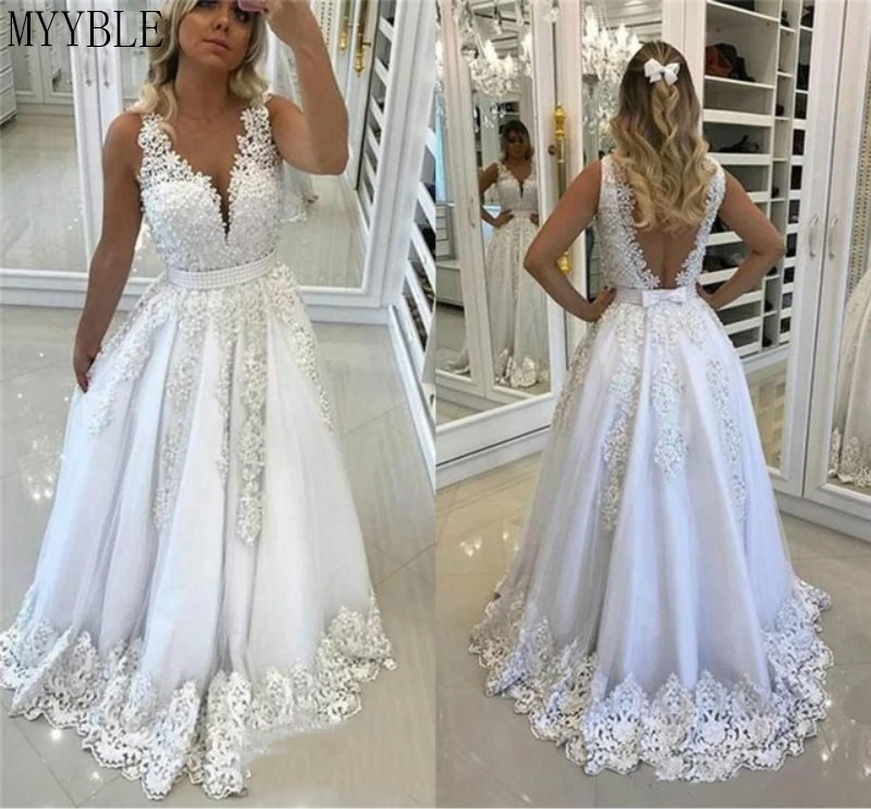 

MYYBLE 2021 Plus Size Luxurious Women Lace Wedding Dresses Pearls Sashes Sleeveless Lace Bridal Gowns Open Back Wedding Gowns