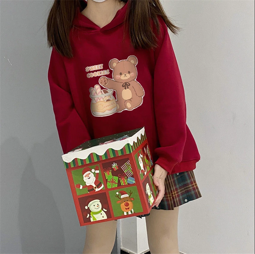 Japan Korean Women Bear Pattern Hooded Tops Female Red White Casual Sweatshirt Spring Long Sleeve Girl JK Hoodie Streetwear