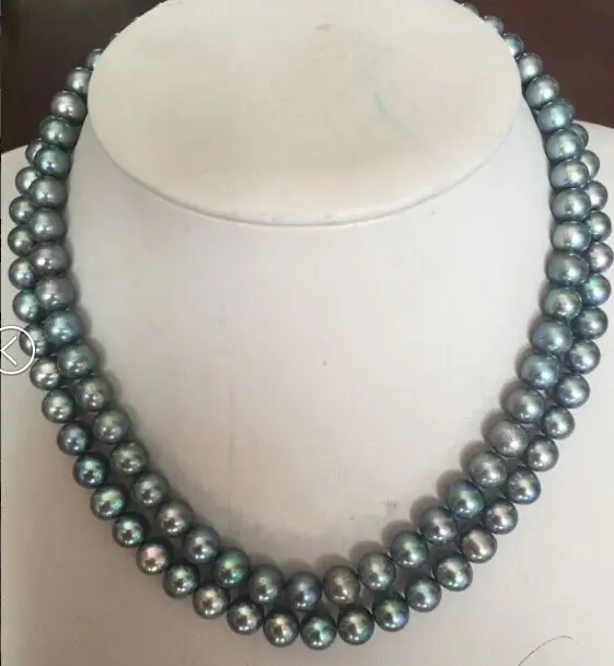 

AAA 2 rows 7-8MM round silver grey BLACK pearl necklace17"18"