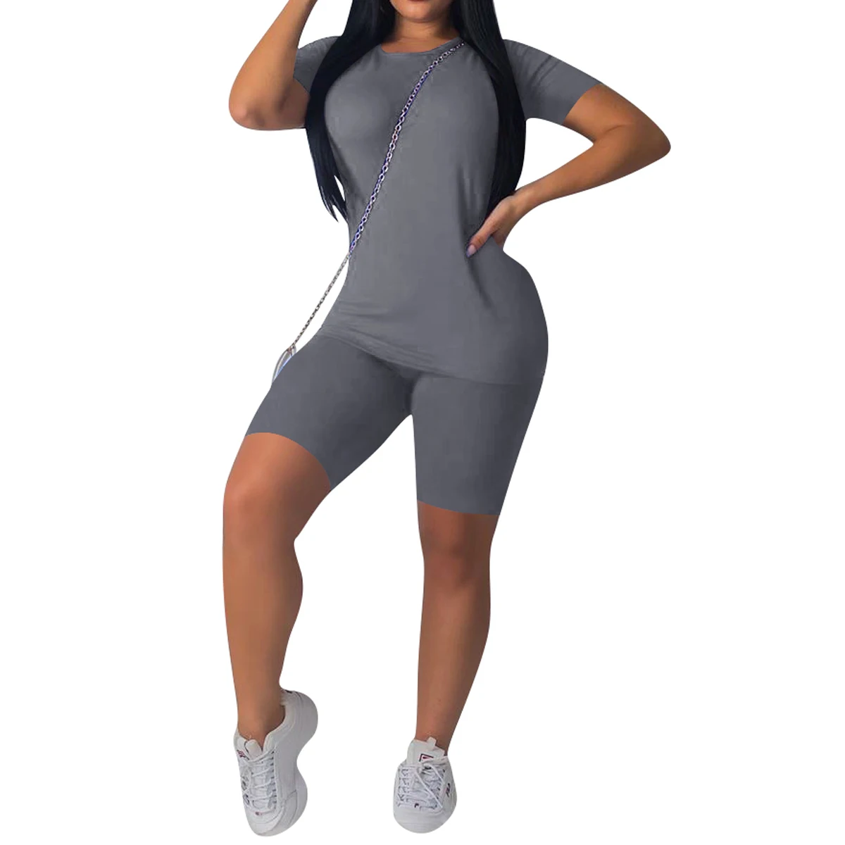 8Colors Solid Sports Suits Women Sets 2Pieces Running Fitness Clothing Short Sleeve T-Shirt+Biker Shorts Female Tracksuits