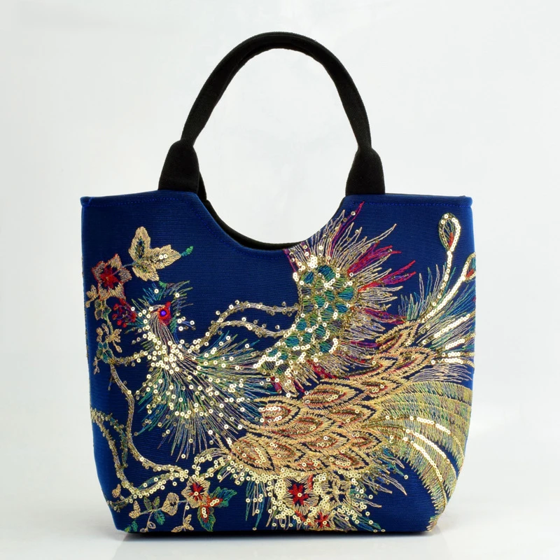 Einkaufstasche mit Pailletten im Ethno-Stil, Handtaschen mit Pfauenstickerei, Vintage-Umhängetasche aus Segeltuch – Detail 4