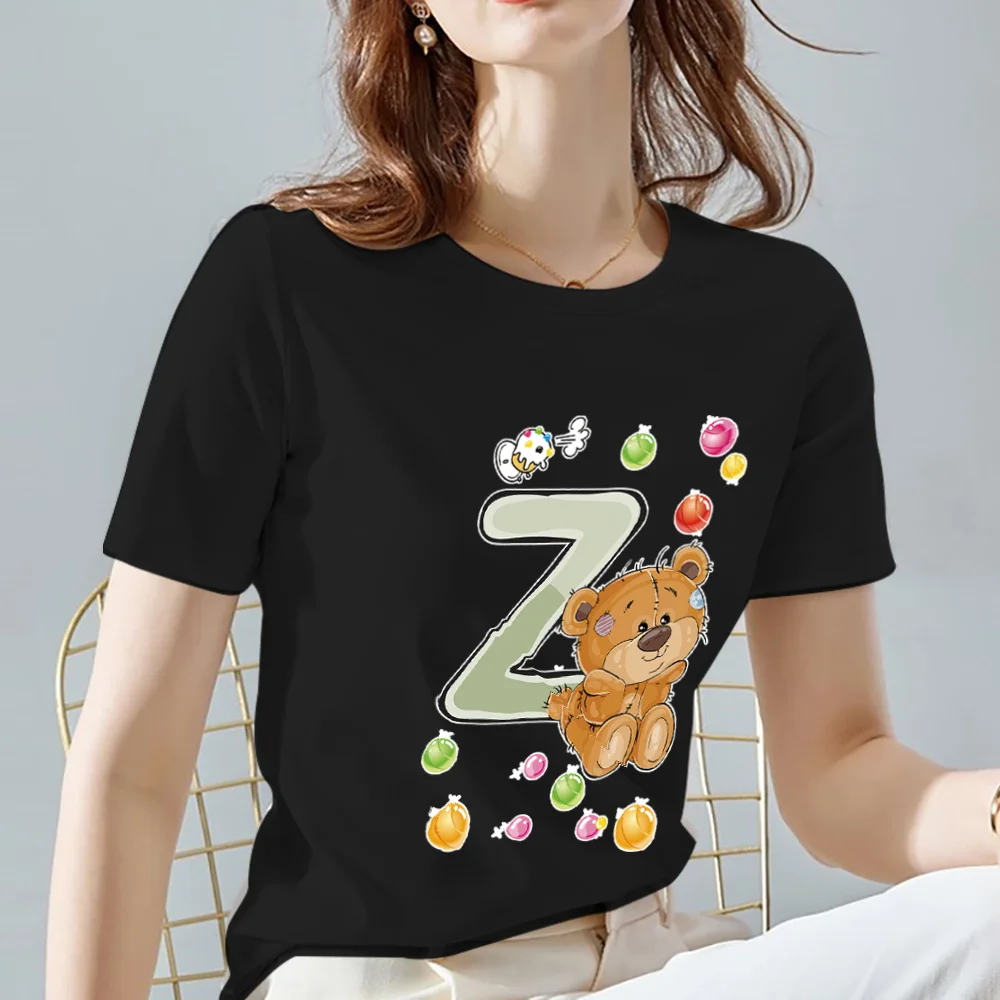 Casual T-shirt Commuter Women's Clothing Basic Style Bear Z Initial Name Printed Pattern Round Neck Sports Black Summer Soft Top