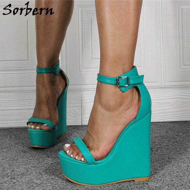 Sorbern Comfortable Wedge Sandals Blue Green Ankle Straps Big Size Unisex Summer Shoes Multi Colors Platform Heel  Real Image