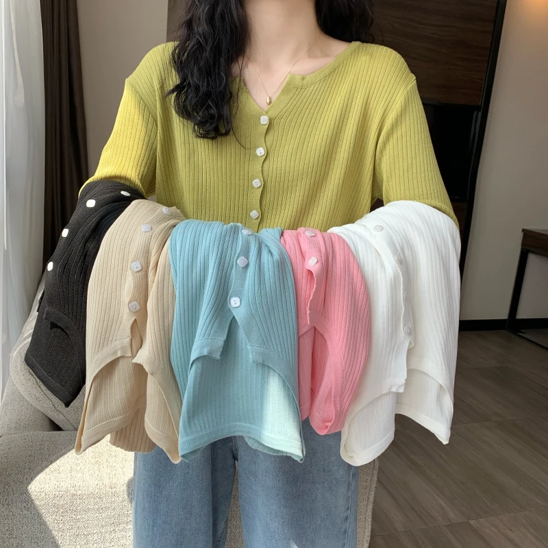 Slim Single Breasted Cardigans Women Tender Girls Long Sleeve Sunscreen Korean Style Knitted Cropped Sweaters Leisure Elasticity