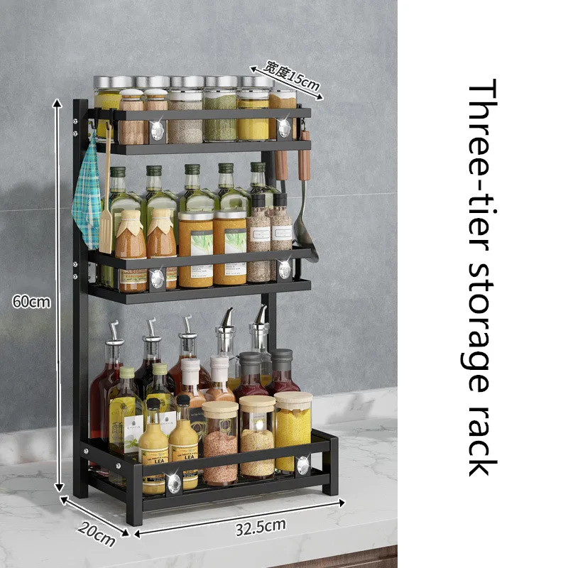 Removable Black Kitchen Shelf Multi-layer Spice Rack for Kitchen Countertop Storage Spice Storage Rack with Diamond Decoration