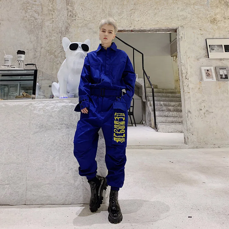 Manga longa gola hip hop japonês retro masculino terno macacão macacão 2020 cor sólida seção fina impressão preto azul macacão