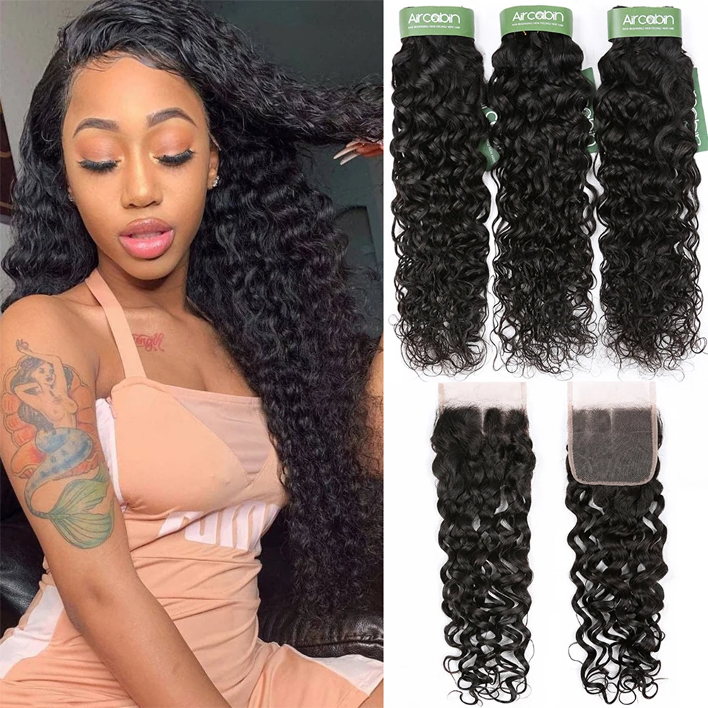 Brazilian Water Wave Bundles With Closure Remy Human Hair 3/4 Bundles With Closure Free Shipping Remy Hair Extensions Aircabin