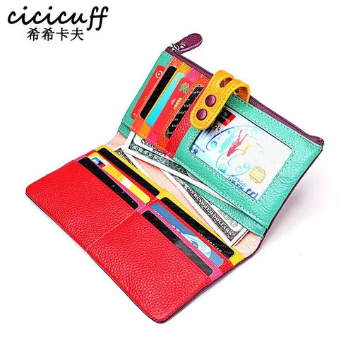 CICICUFF-cartera de piel auténtica con cremallera para mujer, bolso de mano largo con bolsillo, colorido, para teléfono