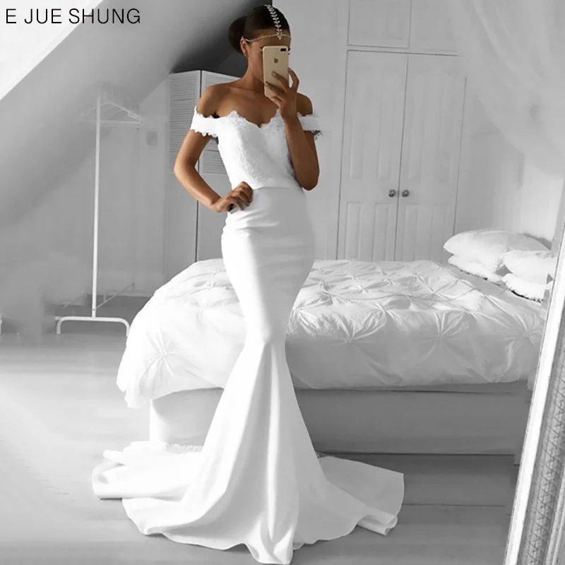 

E JUE SHUNG White Lace Appliques Mermaid Wedding Dresses Off the Shoulder Lace up back Sash Bride Dresses Wedding Gowns