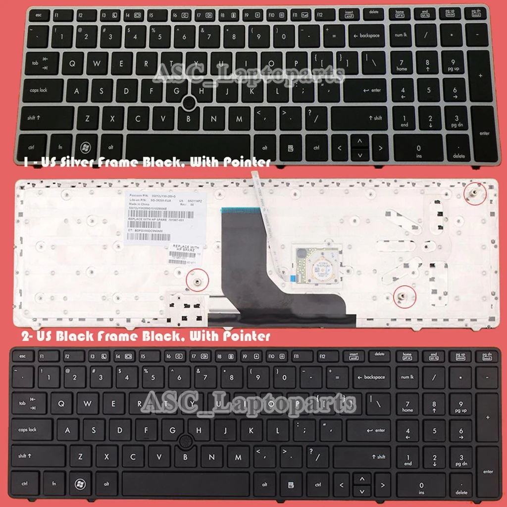 New US English QWERTY Keyboard for HP Probook 6560B 6565B 6570B 6575B 8570P 8560P Silver / Black Frame, Pointer