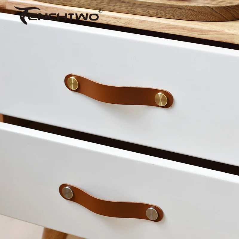 TENCHTWO Modern Kitchen Dresser Drawer Furniture Handles Gold Door Knob Wardrobe Shoe Cupboard Cabinet Pulls Brown Leather