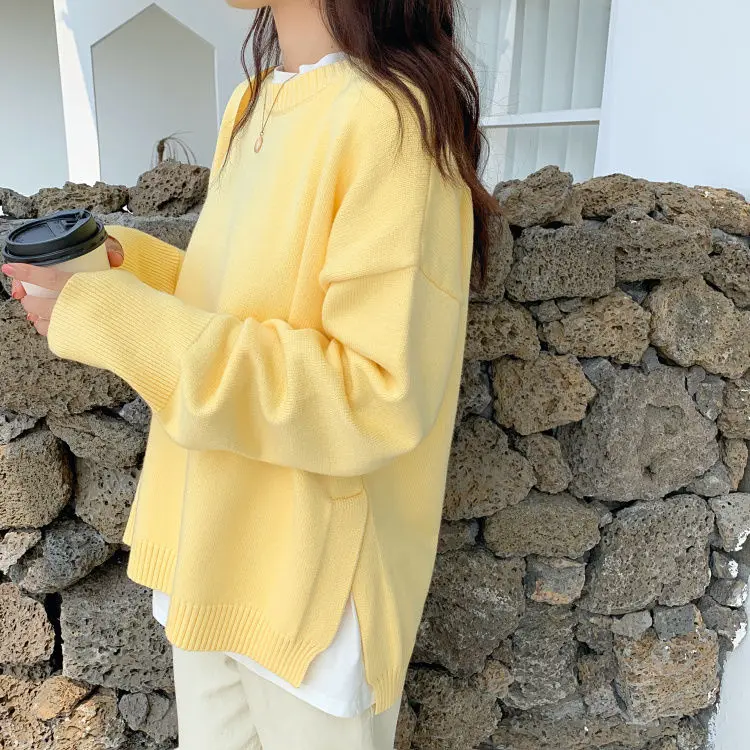 Autumn Winter 2023 New Loose Lazy Pullover Yellow Sweater Net Red Knitted Top Women