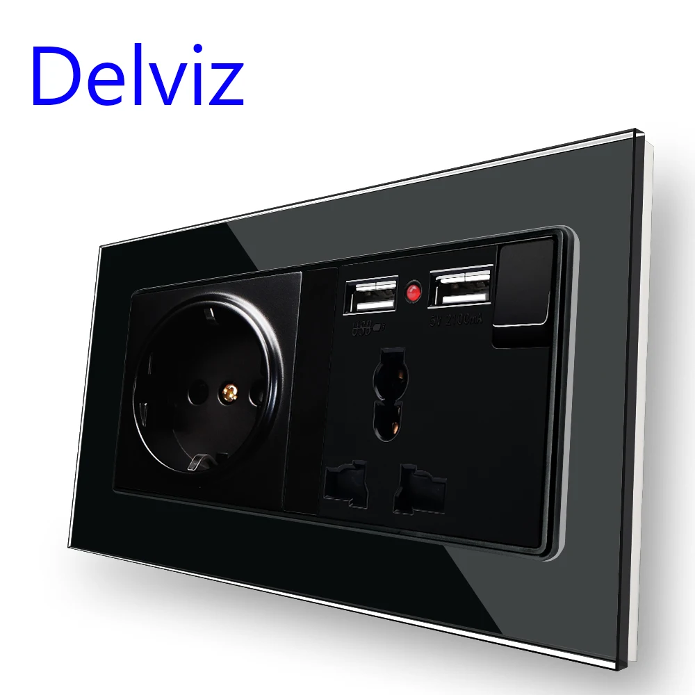 Delviz USB wall power socket, 5V 2A USB charging interface, EU jack + universal jack, Tempered Crystal Glass Panel Double Outlet