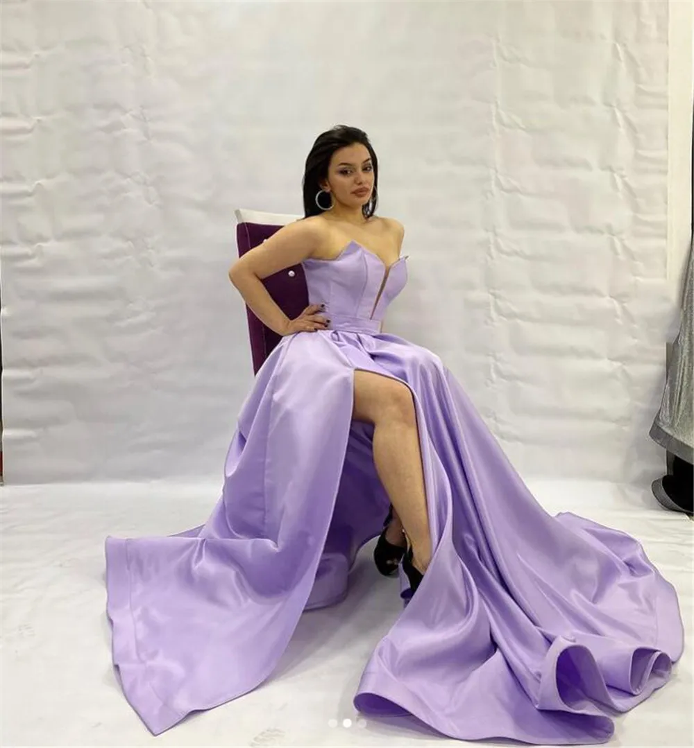 Eeqasn Lilac Satin Evening Party Dresses Long Scalloped Neckline Prom Gowns With High Slit Women Formal Special Occasion Dress