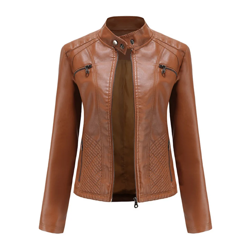 Ladies Leather Jackets New  Slim Moto Bikers Coat Women Long Sleeved With Zipper Spring Autumn Short Casual Outerwear