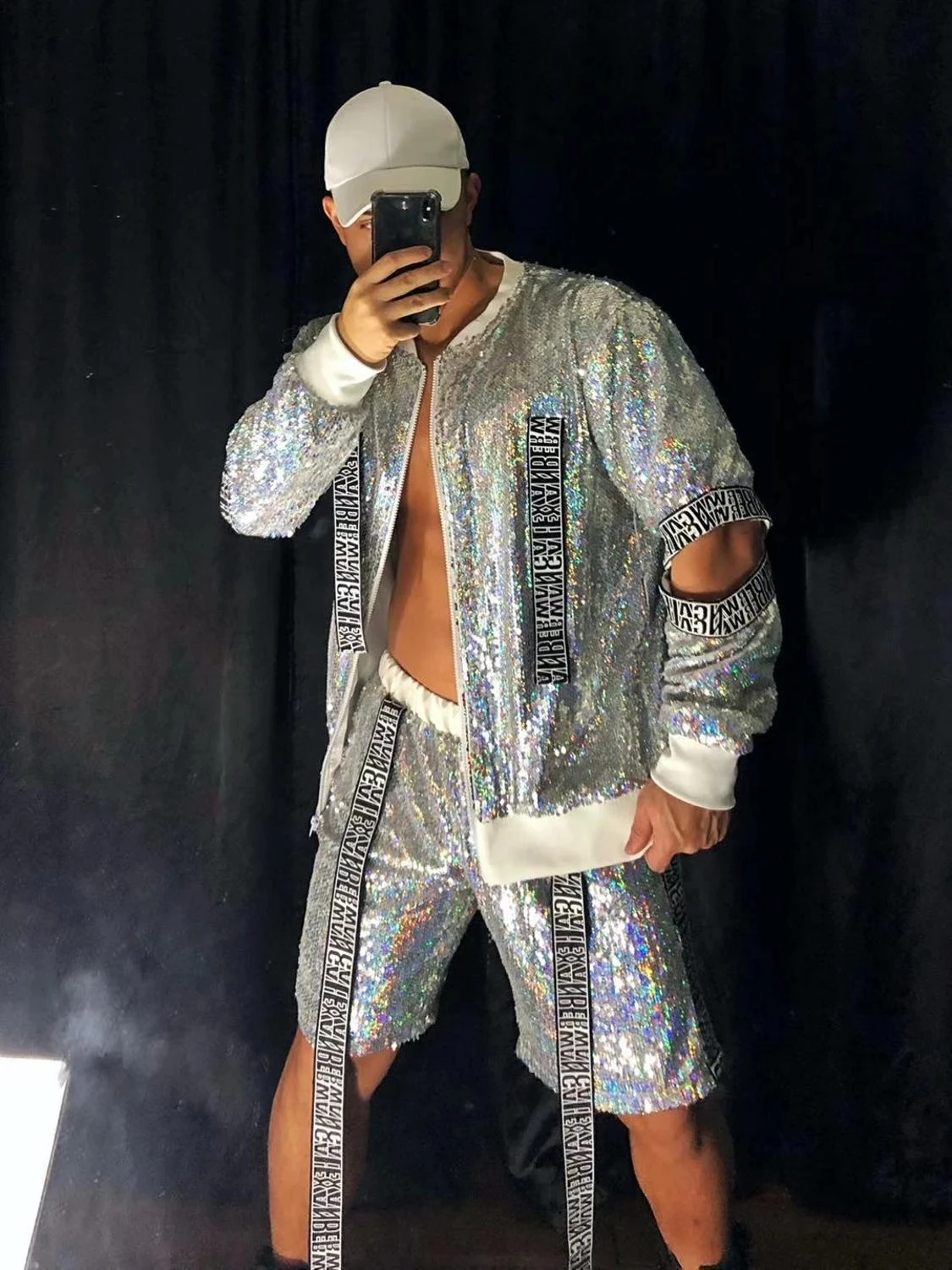 Two-piece Men\'s dance costume Set Shiny Sequins Jacket Pants Baseball Suit Nightclub Tide Hip Hop Rock Performance Clothes