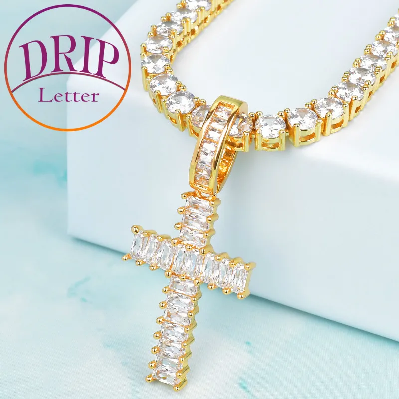 Baguette Cross Gold Color AAA Cubic Zircon Men's Hip Hop Pendant Necklace Rock Jewelry