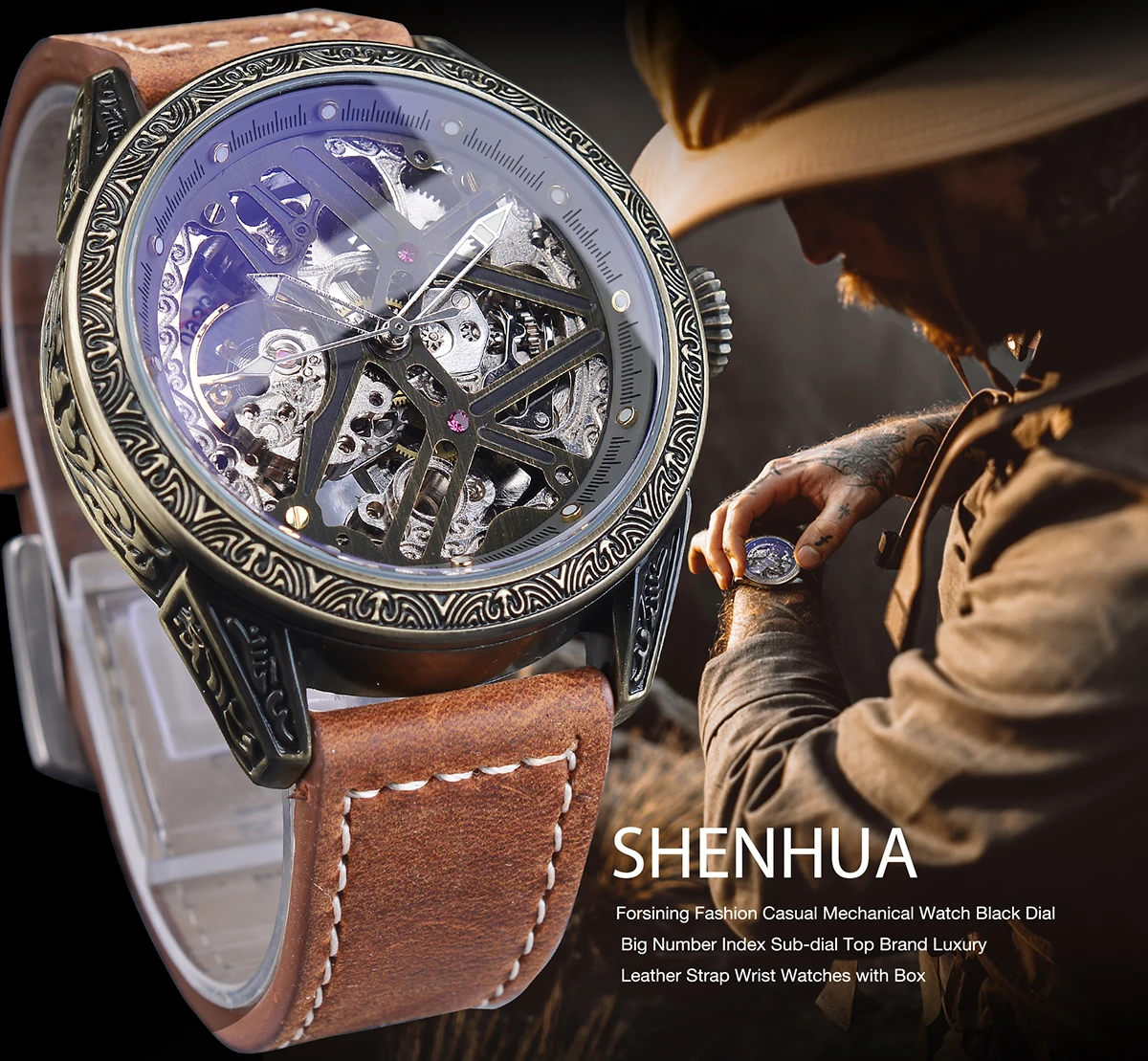 SHENHUA Bronze Transparent Skeleton Automatic Mechanical Watch Retro Steampunk Vintage Pattern Luminous Clock montres mécaniques