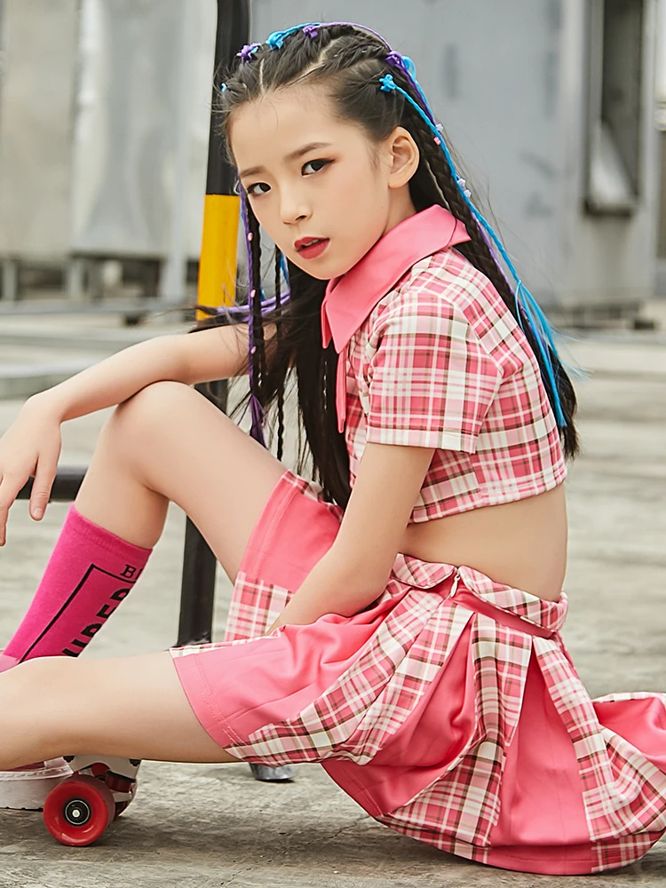 Kid Hip Hop Girls Korean Style Short Sleeve Pink Plaid Crop Tops Pleated Skirt Summer Jazz Dance Costumes Suit Hip Hop Outfits