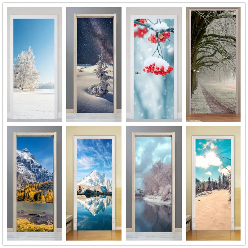 Self-adhesive snow mountain snow scene art door sticker home decoration door cover wall stickers mural porch wallpaper poster