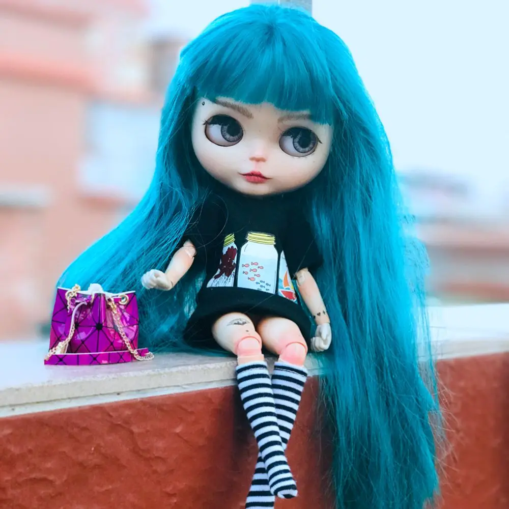 New Cute 2PCS/Lot Long Style Shirt Blyth Clothes Cartoon Printed Short T-shirt+ Stripe Knee High Socks for licca 1/6 Dolls