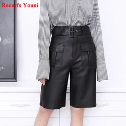 Spring Genuine Leather Pants Women Straight Style High Waist Overalls With Belt Big Pocket Female Oversize White Casual Shorts