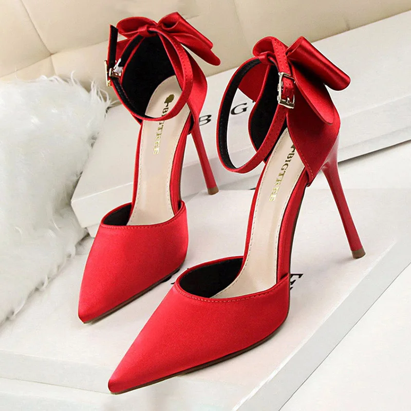 BIGTREE Shoes Bow Woman Pumps Silk High Heels Women Shoes Stiletto Red Wedding Shoes Women Heels Women Sandals 8cm and 10cm