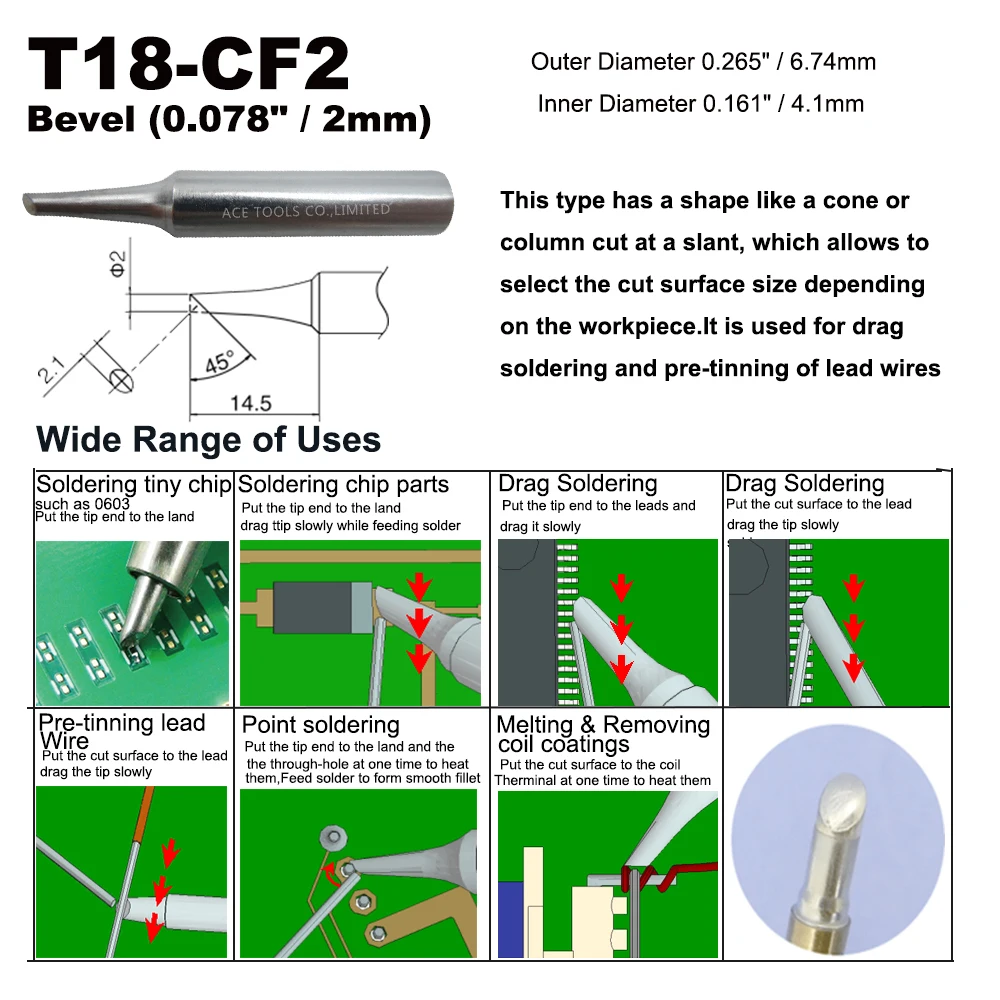 Punta de soldadura de T18-CF2 cónica, 2,0mm, 0.078 ", ajuste HAKKO FX-888, FX-888D, FX-8801, boquilla de hierro sin plomo, mango de lápiz