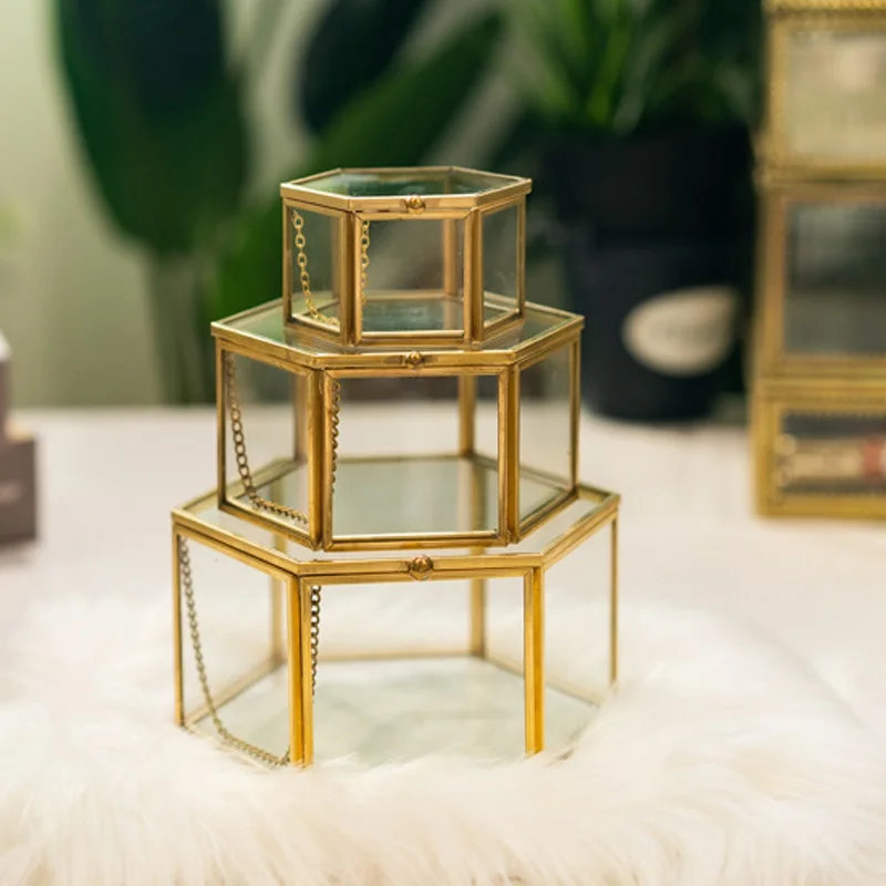 

Vintage Geometrical Glass Jewelry Box, Retro Earring Ring Display Case, Flower Plants Organizer, Wedding Makeup Storage Box
