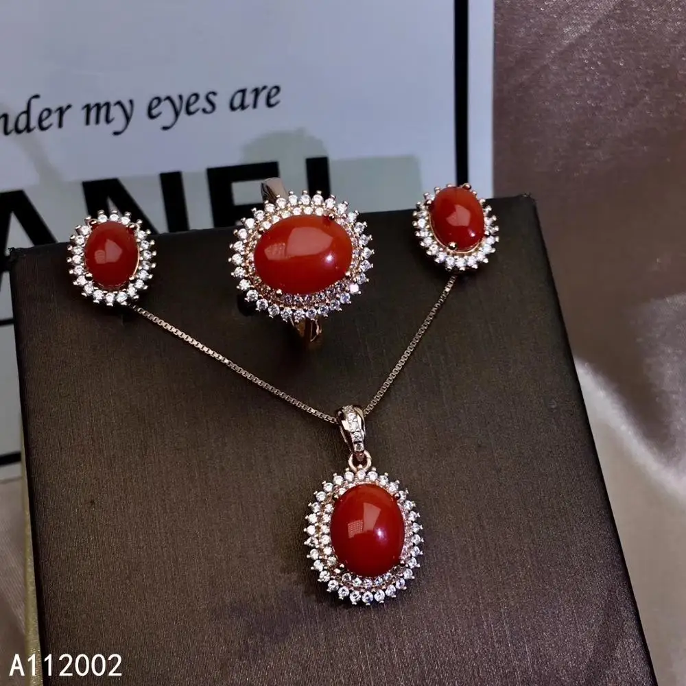 

KJJEAXCMY fine jewelry natural red coral 925 sterling silver women pendant earrings ring set support test elegant hot selling