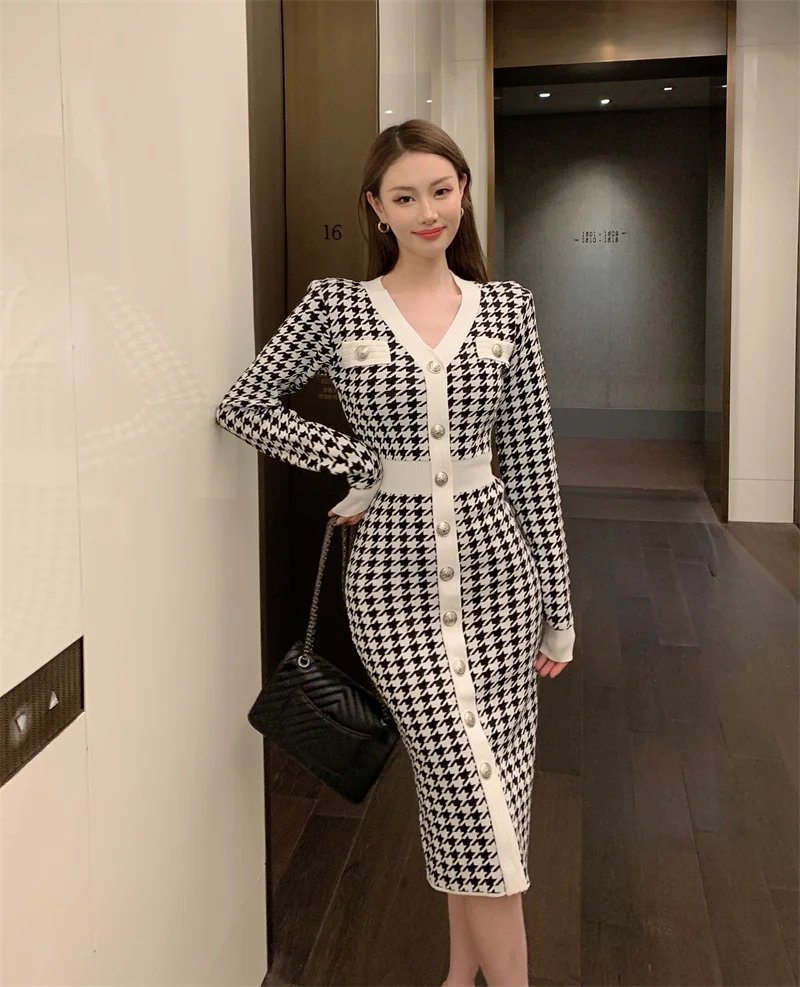 Sweater Dress Women Vintage Houndstooth Vestidos Full Sleeve Knitting V-Neck Dresses 2021 Autumn Winter Woman Clothes