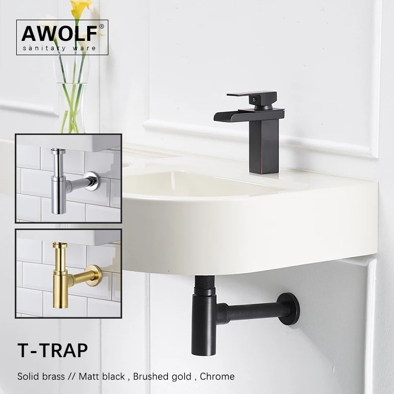 

Wall Mounted Waste T Trap Solid Brass Pop up Drain For Basin Sinks Matt Black Brushed Gold Chrome Color AH6168