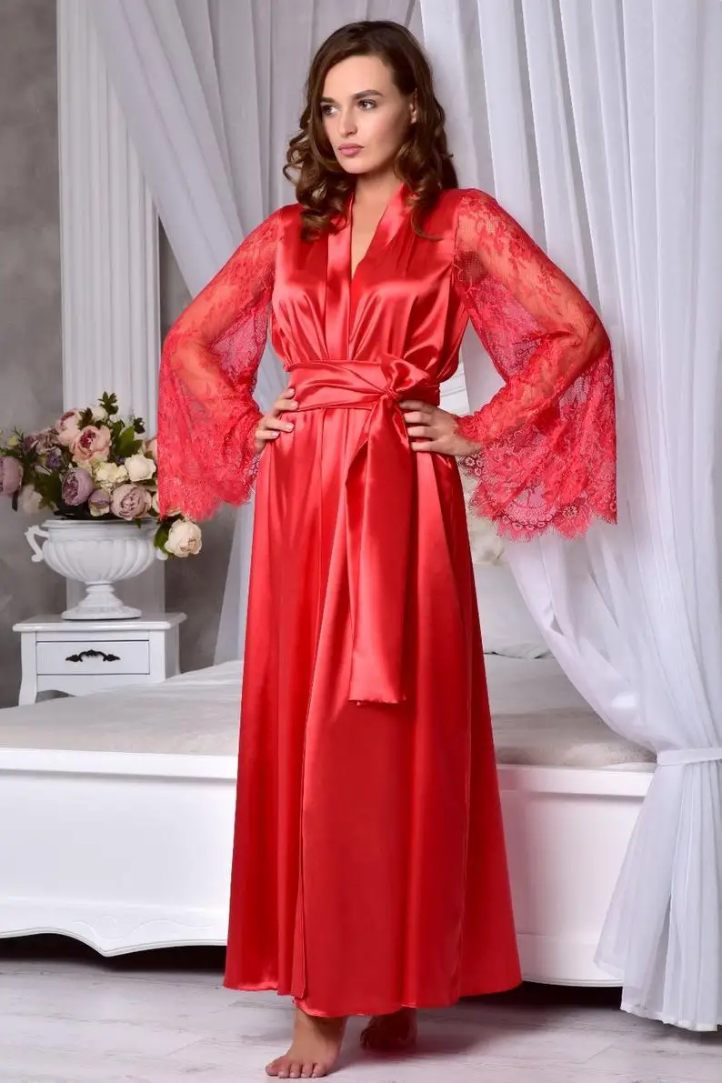 Robe De Mariée Women Bathrobe Ankle Length Custom Made Sleepwear Satin with Illusion Sleeves Nightgown