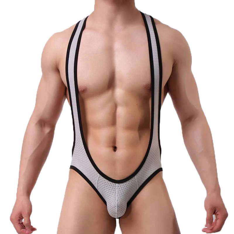 Ropa interior Sexy para hombre, mono transpirable de malla con suspensorio, leotardo, peluches, camiseta de lucha libre, Bodysuirts 2XL