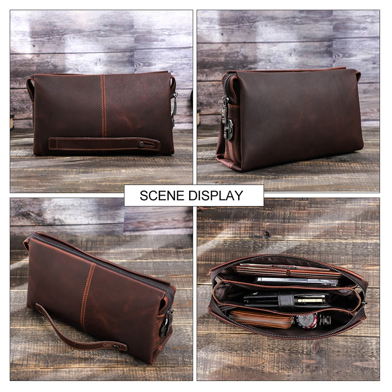 Contact\'s Business Men Clutch Bag Large Capacity Crazy Horse Leather Long Purse Phone Pouch Password Pocket Leather Men Wallet