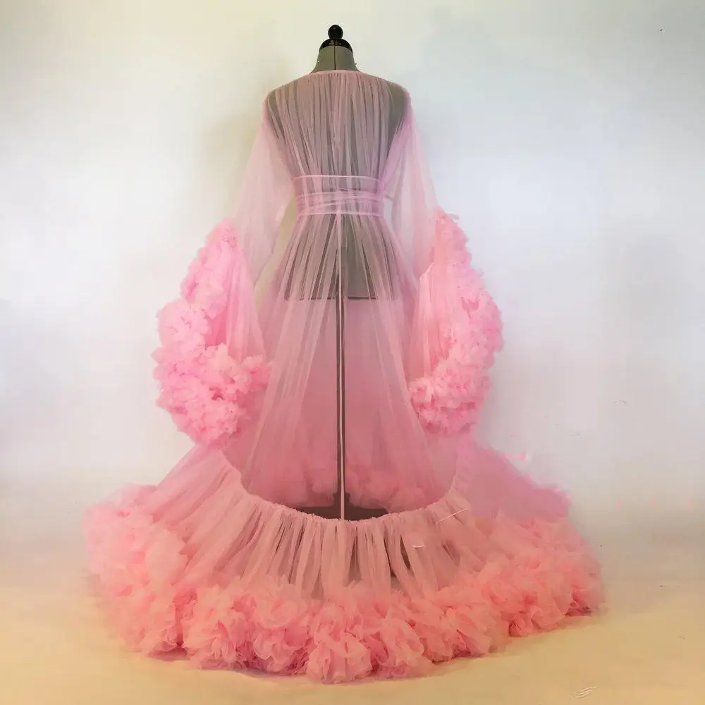 Moederschap Ster Jurken Robe Illusion Tiered Ruches Roze Photoshoot Babyshower Badjas Moederschap Kimono Party Verjaardag Jurk