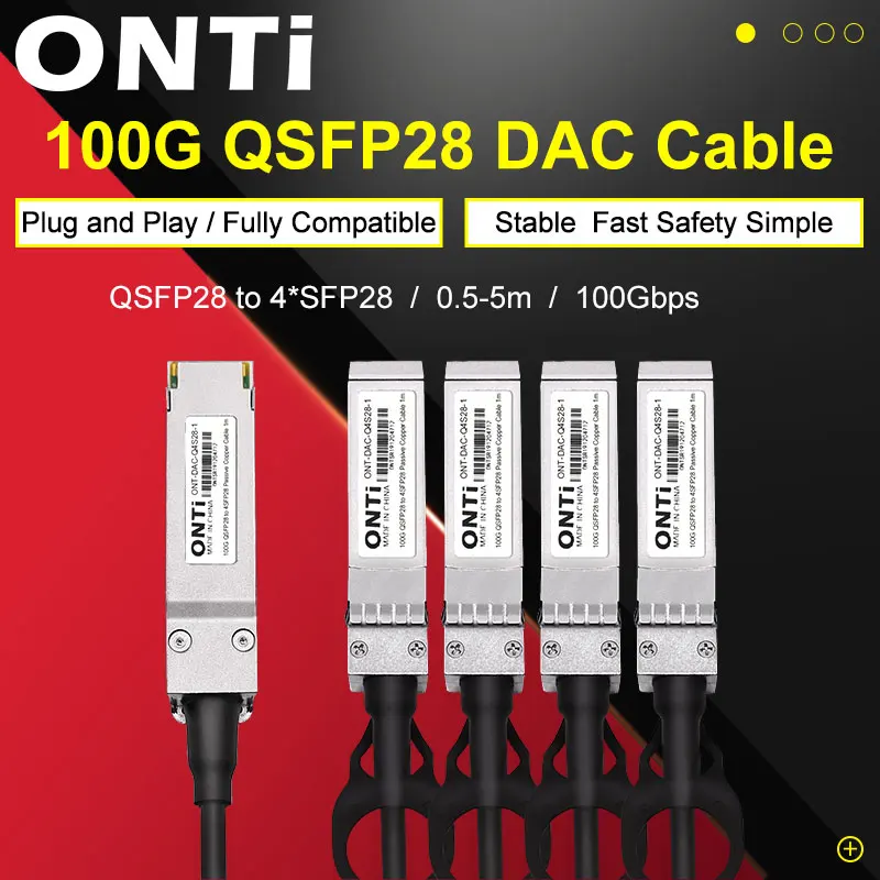 ONTi-Passive Direct Attach Copper Twinax Cable, 100G, QSFP28 to 4xSFP28, DAC Cable, 0.5m, 1m, 2m, 3M, 5m