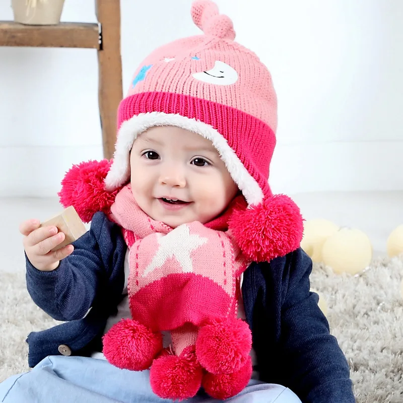 Apparel Accessories Hats Caps Skullies Beanies Unisex Cute Winter Knitted Warm Bonnet  With Scarf For Boys Girls Children