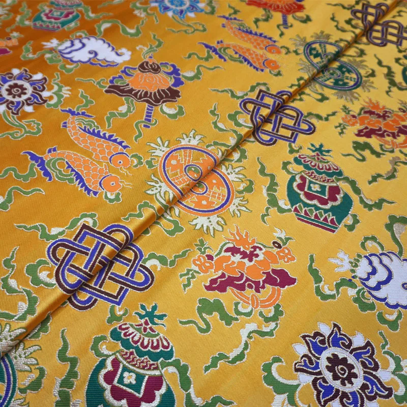 

Thickened bright yellow auspicious eight treasures brocade fabric traditional satin fabric cloud brocade antique decoration