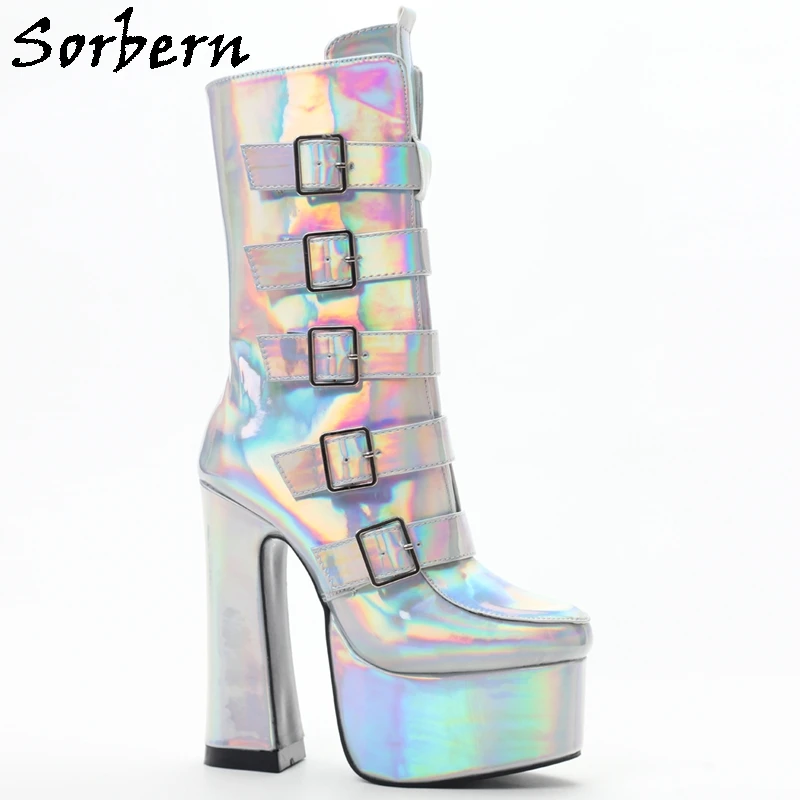 

Sorbern Holo Mid Calf Boots Women Block High Heels Platform Shoes Buckles Side Zipper Custom Wide Fit Chunky Heel Shoes Punk