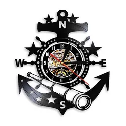 Marine Nautical Ship Steering Wheel Wall Clock Vintage Vinyl Record Wall Clock Watches Anchor Wall Decor For Living Room Bedroom