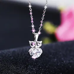 HUAM Two Color Animal Owl Necklace Pendant Crystal Chain Metal Plated 18K Gold White Simple Korean Fashion Necklace for Women