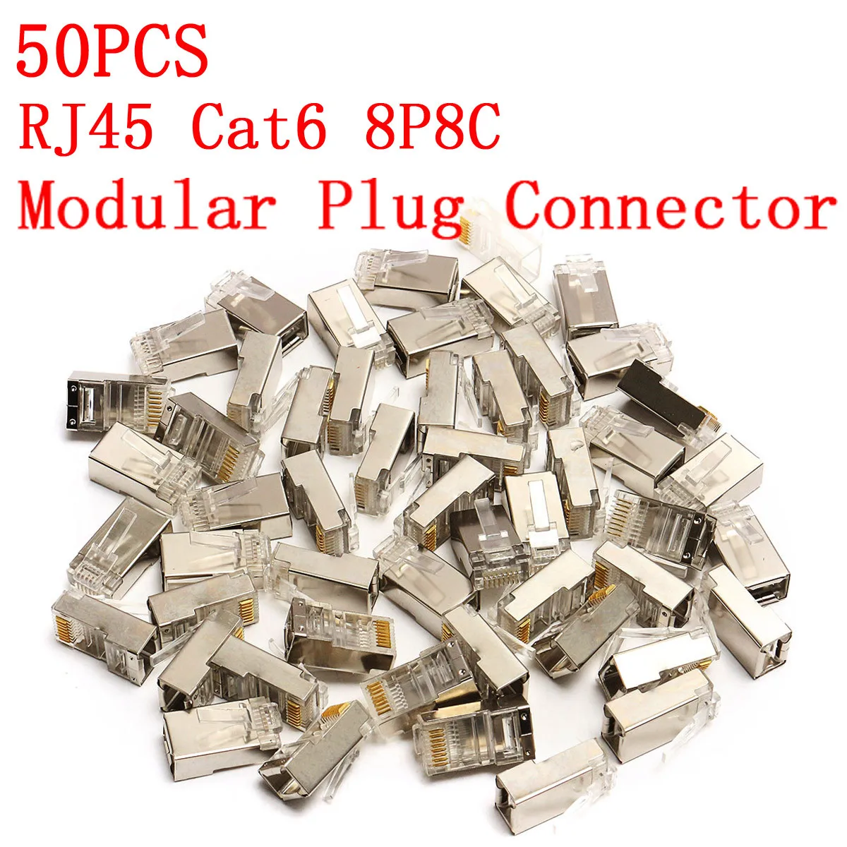 High Quality 50Pcs RJ45 Cat6 Connector 8Pin 8P8C Shielded Stranded Crimp Modular Plug Connectors Socket Internet Connector