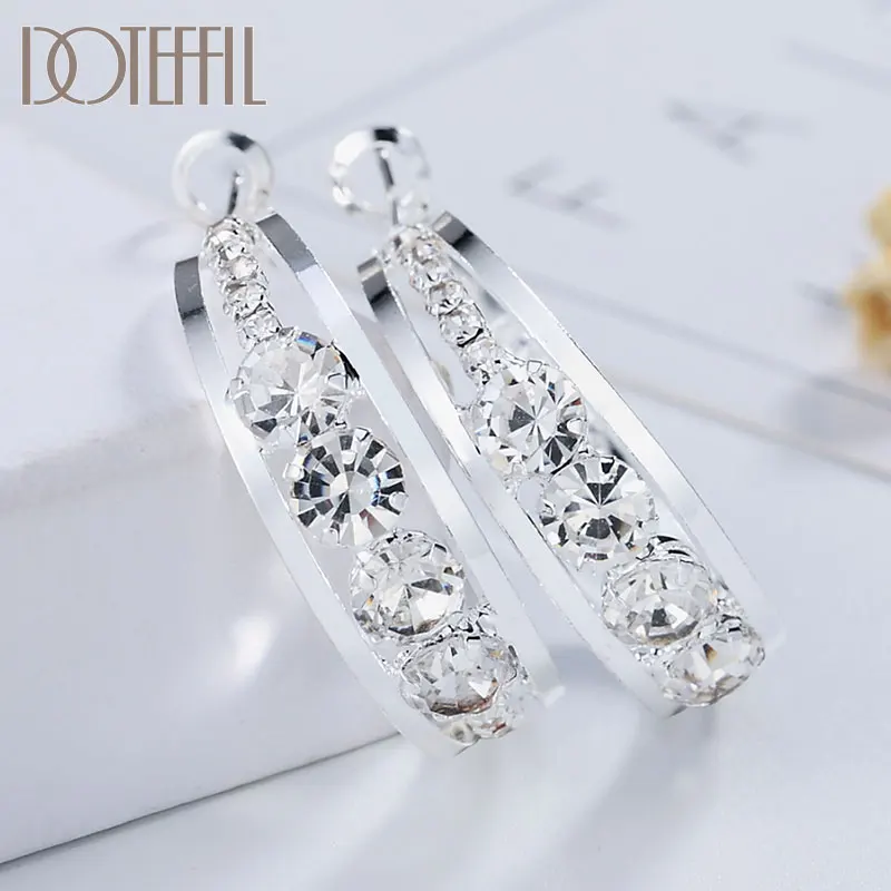 DOTEFFIL 925 Sterling Silver Gold Black Geometric Rhombus AAA Zircon 31mm Round Earrings Women Wedding Charm Fashion Jewelry