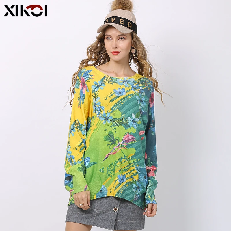 XIKOI Winter Flowers Print Sweater Women Pullovers Knitted O-Neck Jumper Women Oversized Warm Sweaters High Elastic Pull Femme