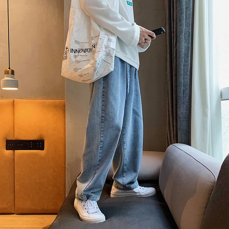 New mens jeans men's trend loose solid simple straight pants casual cool versatile floor long pants streetwear denim